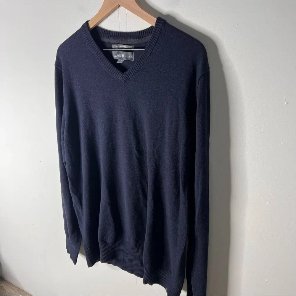 Eddie Bauer Mens Deep Blue V-Neck Sweater Cotton Cashmere Blend size Tall Large